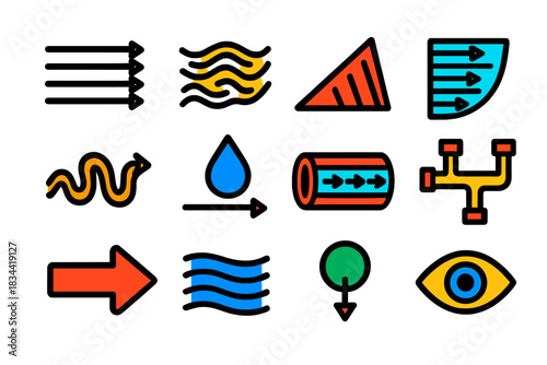 Flow Dynamics Icons. Flat vector icons of flow behavior and measurement: laminar flow, turbulent flow, shear gradient, velocity
