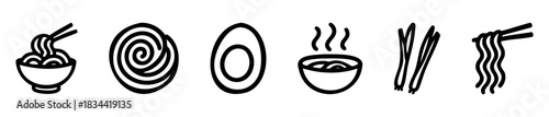 Minimalist icons of noodles in bowls, chopsticks, and steam, perfect for food packaging, restaurant promotions, and cooking guides.