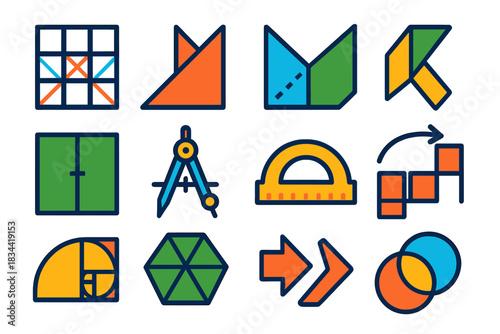 Geometric Folding Icons. Flat vector icons of mathematical principles in folding: crease pattern grid, mountain fold symbol,