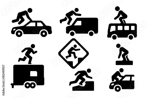 Iconic Parkour Moves. Solid style icons of iconic parkour moves reimagined: kong vault on car, cat leap to van icon, precision