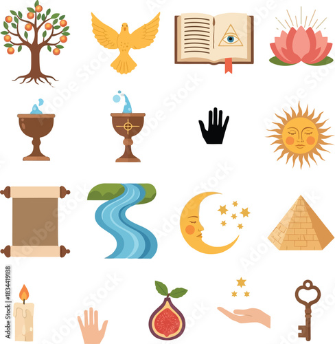 Collection of colorful spiritual and religious symbols with tree of life dove holy book with eye and mystical items for ancient magic and esoteric ritual concepts.