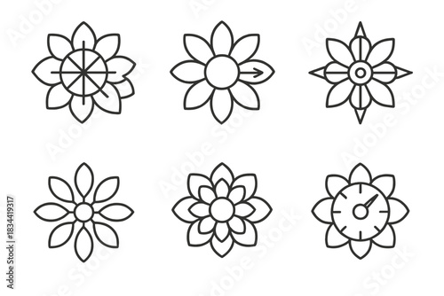 Floral Progress Icons. Icons for: a geometric flower chart marking stages, a petal wheel indicating advancement, a floral compass