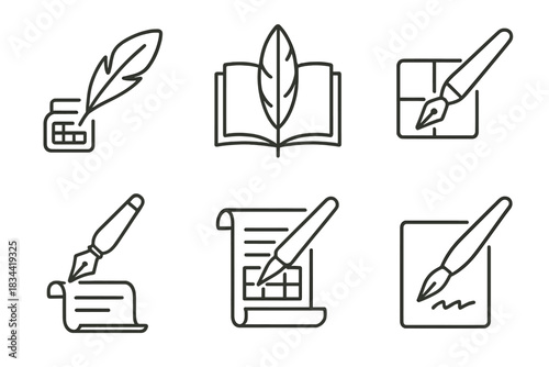 Writing Tools Icons. Icons for: a feather pen calculating textual shares, a quill dividing pages into equal zones, an ink point