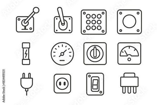 Control Panel Icons. Line style icons of control panels: lever, toggle, button grid, pilot lamp; fuse, gauge, rotary knob, meter;
