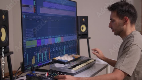 Music producer manipulates faders and displays in dimly lit home studio, Creative audio engineer calibrates channel strips and meters during detailed mixing session