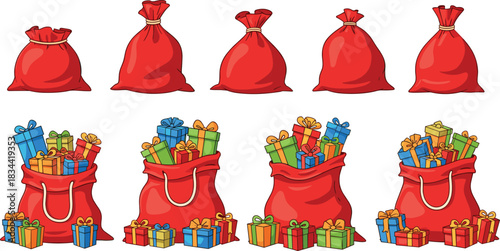 Christmas gift sack illustration set, festive red bags with presents, holiday celebration icons, seasonal decoration graphics, colorful packaging designs