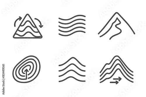 Topographic Icon Set. Icons for: a topographic peak aligning motion, a contour ridge harmonizing flow, a summit path symbolizing