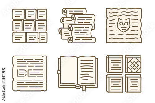 Ancient Page Icons. Icons for: a symbolic wall of ancient pages, a layered scroll mural depicting wisdom, a parchment wall filled