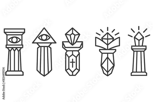 Geometric Visionary Icons. Icons for: a geometric column of foresight, a polygonal pillar symbolizing vision, a structured prism