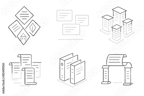 Floating Crystal Architecture. Icons for: floating crystal pages forming architecture, hovering translucent text blocks,