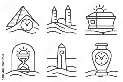 Desert Time Markers. Icons for: solar dune clocks of burial form, wind-shadowed obelisks tracking dusk, airy sarcophagi marking