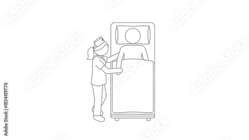 Nurse tending to patient in hospital bed line art healthcare