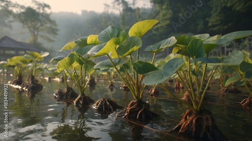 up view of healthy aquatic plants cultivated in a controlled fish farming pond with clear water, natural reflections, soft sunlight, and wide copy space for text placement. aquatic plants, fish 