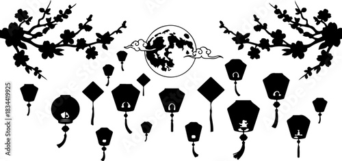 Lunar Festival Celebration Moon, Lanterns, and Blossoms - A Silhouetted Design