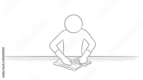 Person cleaning surface with cloths line drawing wiping