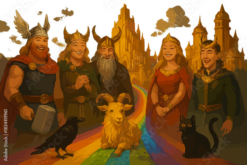 Smiling Gods of Asgard. Asgard scene with smiling Aesir gods, golden halls glowing, and rainbow bridge guarded by playful animals
