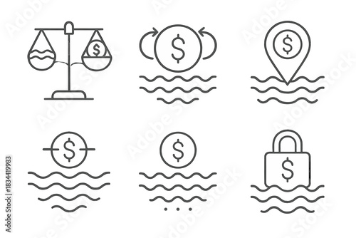 Marine Finance Icons. Icons for: tidal balance stations, current-based finance icons, flow-guided capital markers, wave