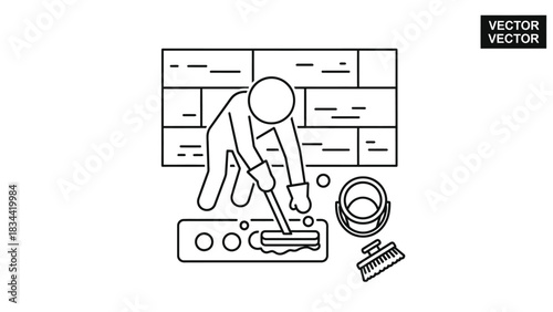 Person mopping floor with bucket and brush cleaning