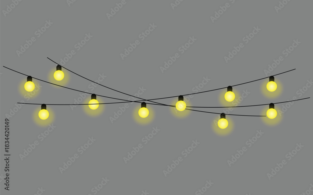 Obraz premium String of yellow glowing light bulbs decor hanging on grey smooth backdrop