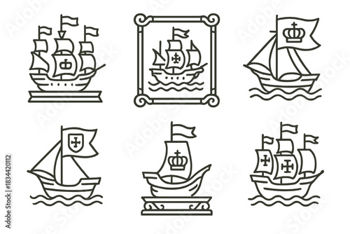 Ornate Ship Icons. Icons for: regal vessel displays, ornate ship showcases, royal bannered decks, elegant mast symbols, heraldic