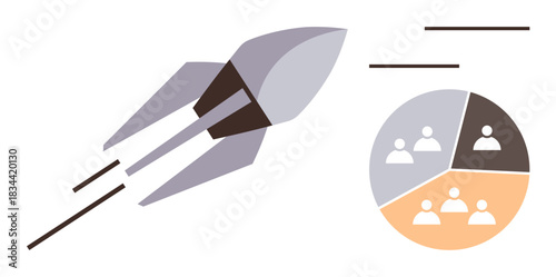 Rocket soaring forward next to a segmented pie chart with team icons. Ideal for growth, teamwork, innovation, leadership, collaboration, analytics, vision. Simple flat metaphor