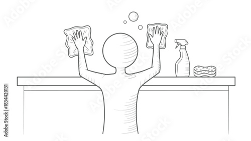 Person Wiping Surface With Two Cloths And Spray Bottle