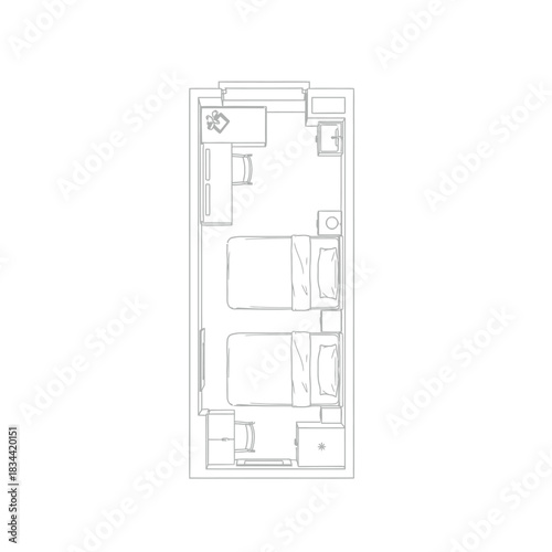 Simple Floor Plan of a Narrow Room with Two Beds layout