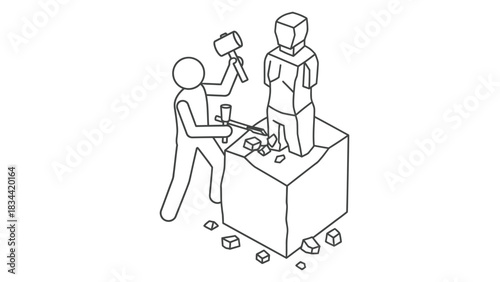 Sculptor carving statue from stone block artist