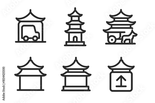 Transport Shelter Icons. Icons for: enclosed transport pagodas, layered tower enclosures, multi-tier carriage shelters, framed