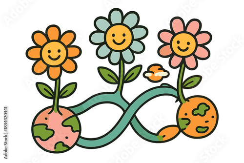 Happy Dimensional Flowers. Cute doodle vector of happy flowers rooted in wavy dimensional loops linking tiny alternate worlds, No