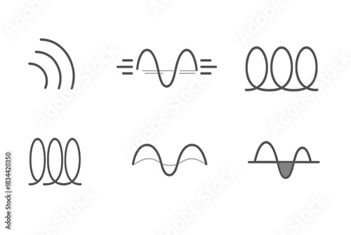 Subtle Vibration Patterns. Line vector icons of dim oscillation accord: faint vibrating arcs, low-tone motion lines, gentle shaded