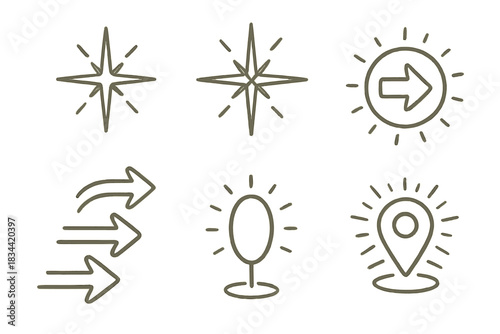 Radiant Navigation Icons. Icons for: radiant guiding star icons, luminous compass points, bright playful arrows, glowing