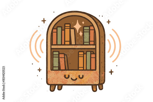 Inspirational Doodle Bookshelf. Friendly doodle bookshelf pulsing with soft soundwaves and sparkles of inspiration between books,