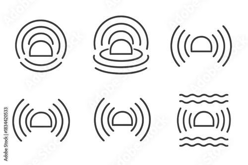 Oscillating Haven Icons. Line vector icons of oscillating haven offers: vibrating dome outlines, pulsing protection rings,