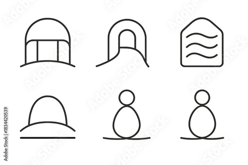 Calm Motion Icons. Line vector icons of gentle motion sanctuaries: swinging dome outlines, curved stable paths, soft vibrating