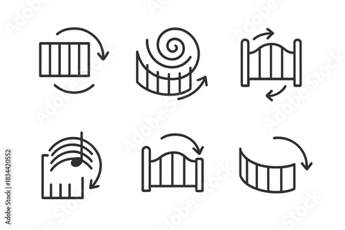 Harmonic Wall Rotations. Line vector icons of harmonic wall rotations: balanced enclosure spins, tonal fence spirals, rhythmic