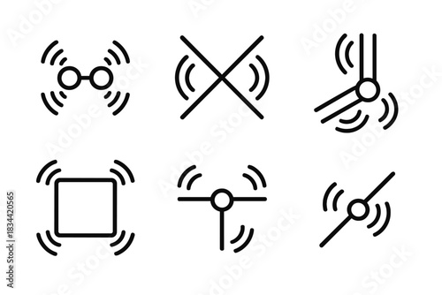 Vibrating Junction Icons. Line vector icons of vibrating junction problems: pulsing connection points, oscillating meeting lines,