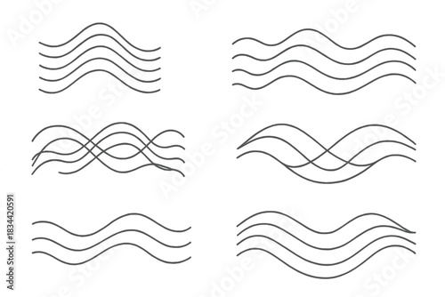 Shady Wave Icons. Line vector icons of shady undulation unity: layered dark waves, dim fluid lines, overlapping tone ripples,