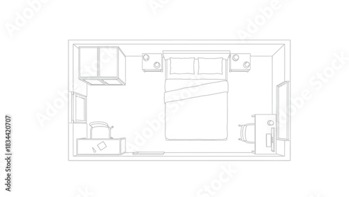 Top-down floor plan of a bedroom with a double bed and a desk