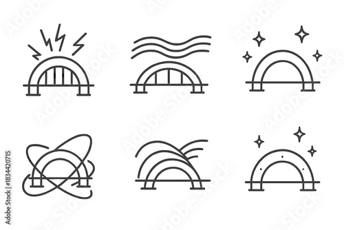 Reactive Span Icons. Line vector icons of a flashing reactive span: light-pulse arcs, flickering bridge joints, luminous motion