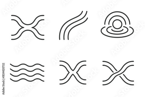 Convergent Liquid Harmony. Line vector icons of convergent liquid harmony: balanced water curves, uniting stream lines,