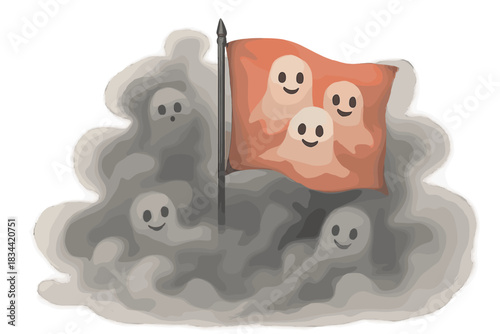 Ghostly Flag in Mist. a delicate flag planted in swirling mist with friendly ghost faces marking “nightmare territory,” smoky gray