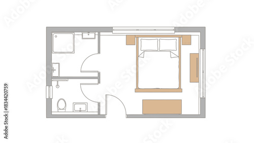 Top-down floor plan of a studio apartment with bathroom