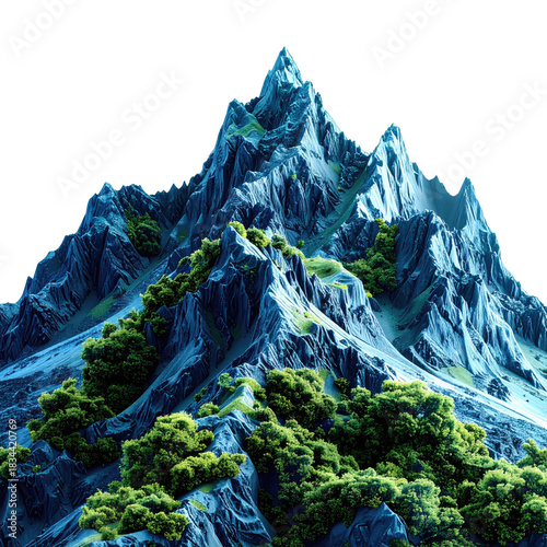 A detailed digital illustration of jagged mountain peaks with patches of green foliage