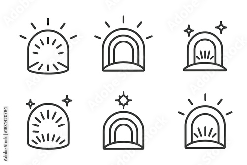Energetic Symbolic Arcs. Line vector icons of radiant recess intuitions: glowing hollow arcs, luminous niche lines, energetic