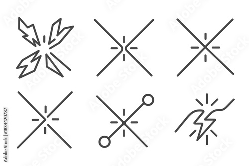 Radiant Vector Convergence. Line vector icons of a startling convergence of fragments: radiant merging shards, sudden alignment