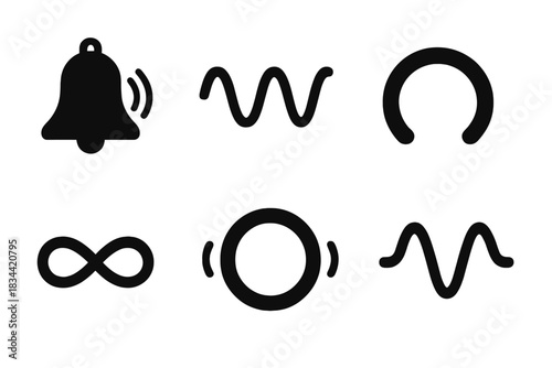 Acoustic Geometry Icons. Solid style icons of acoustic geometry: oscillating bell form, curved wave profile, circular resonance