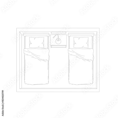 Top-down view of a bedroom with two beds and a nightstand