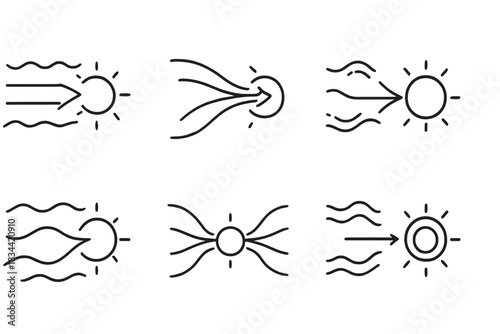 Radiant Flow Convergence. Line vector icons of a quivering flow finding its target: trembling current lines, luminous directional