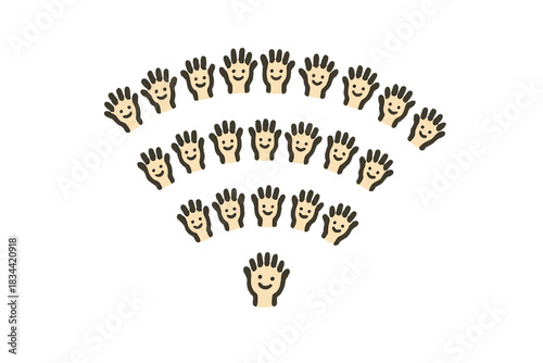 Happy Hands Wi-Fi. A Wi-Fi signal composed of tiny happy hands reaching upward, simplified and cheerful doodle style, No text, No